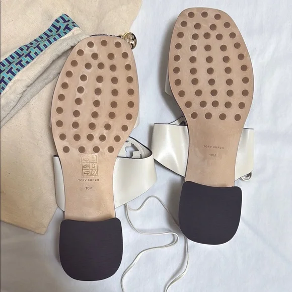 Tory Burch Cream Block Heel Sandals with Signature Medallion - Picture 2 of 3